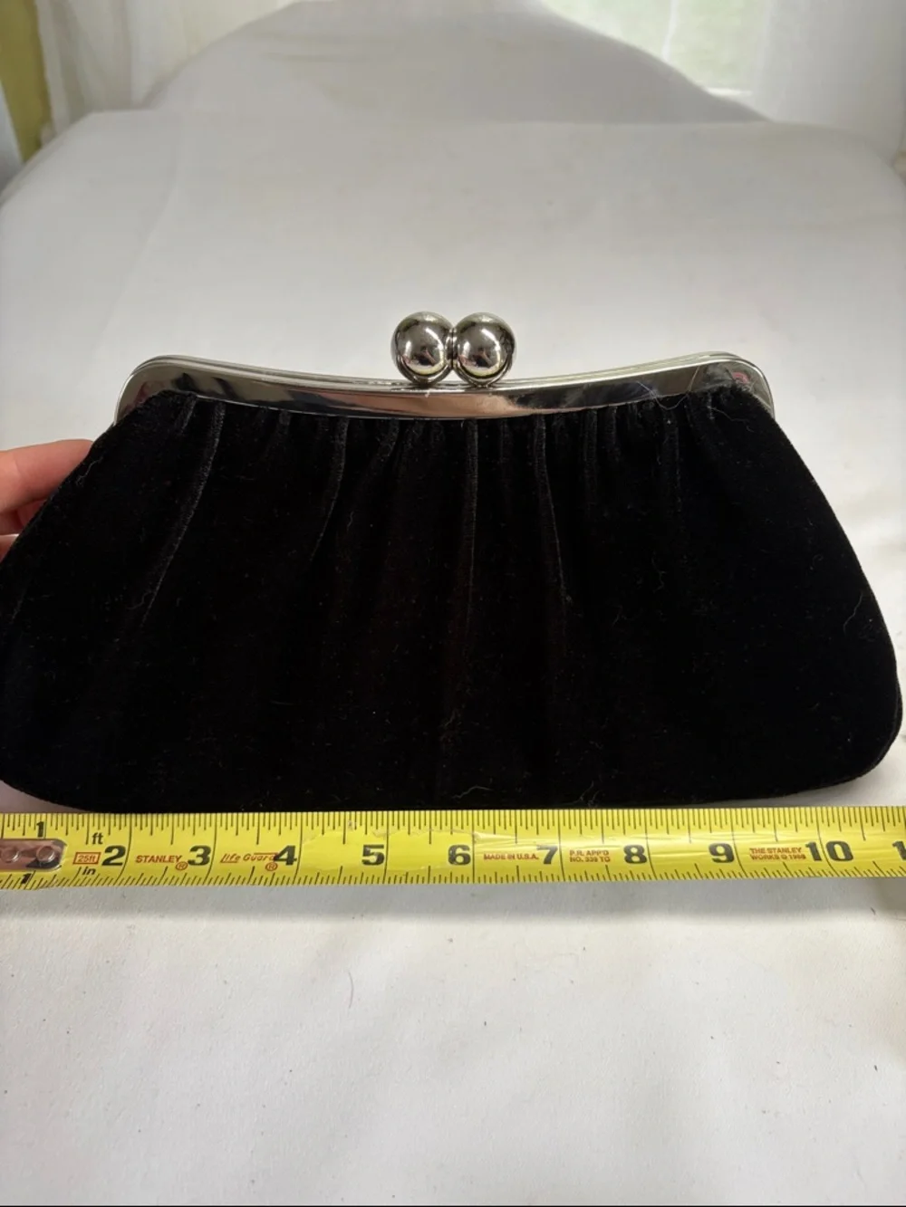 Black Velvet Lined Synthetic Evening Clutch with Silver Kisslock Frame